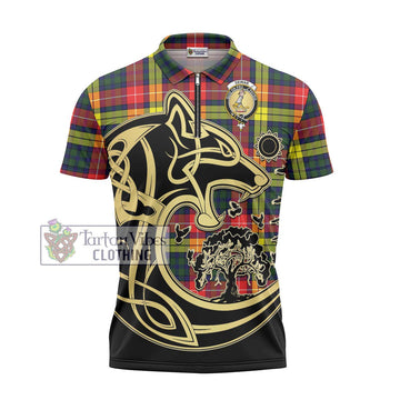 Dewar Tartan Zipper Polo Shirt with Family Crest Celtic Wolf Style - Tartan Vibes Clothing