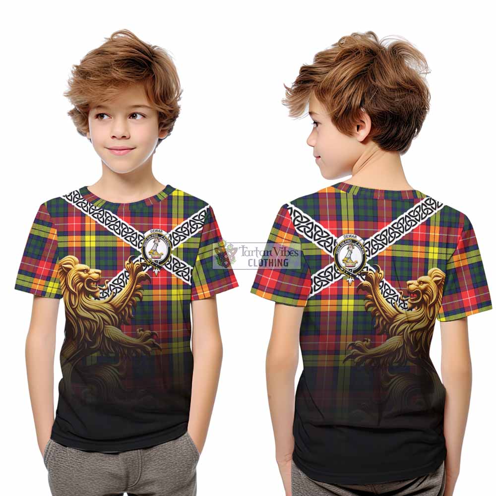 Dewar Crest Tartan Kid T-Shirt with Golden Lion Emblem Celtic Style - Tartan Vibes Clothing