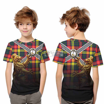 Dewar Crest Tartan Kid T-Shirt with Golden Lion Emblem Celtic Style - Tartan Vibes Clothing