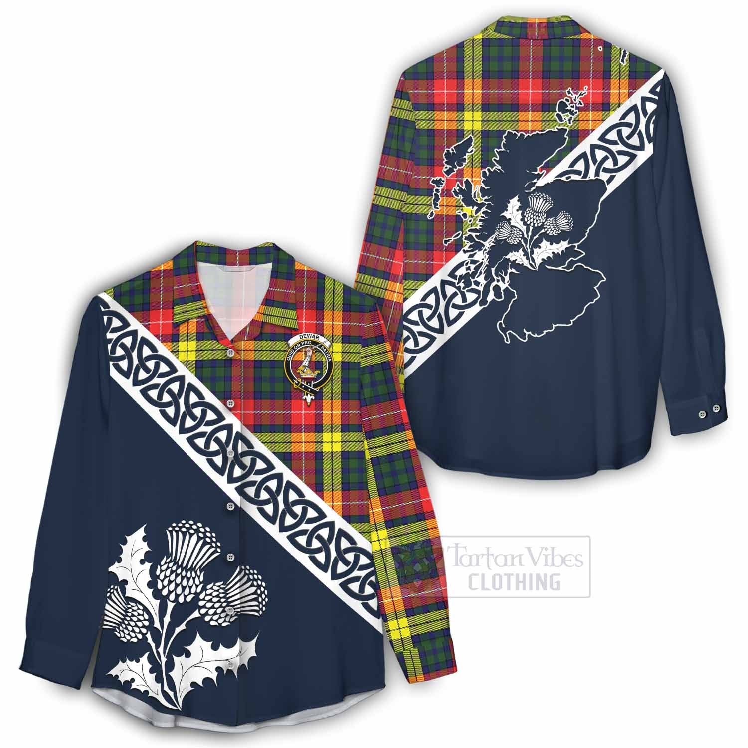 Dewar Tartan Women's Casual Shirt Featuring Thistle and Scotland Map - Tartan Vibes Clothing