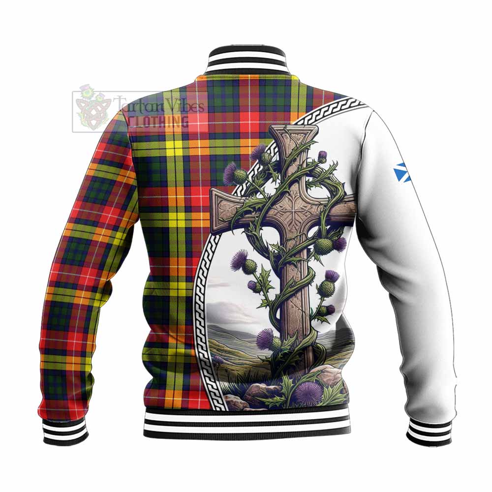 Dewar Tartan Baseball Jacket with Family Crest and St. Andrew's Cross Accented by Thistle Vines - Tartan Vibes Clothing