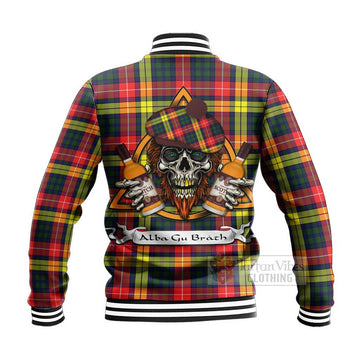 Dewar Tartan Baseball Jacket with Family Crest and Bearded Skull Holding Bottles of Whiskey - Tartan Vibes Clothing