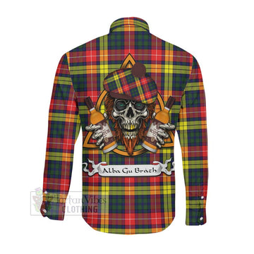 Dewar Tartan Long Sleeve Button Shirt with Family Crest and Bearded Skull Holding Bottles of Whiskey Men's Shirt - Tartan Vibes Clothing