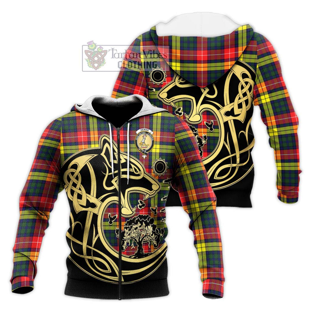 Dewar Tartan Knitted Hoodie with Family Crest Celtic Wolf Style Unisex Knitted Zip Hoodie - Tartan Vibes Clothing