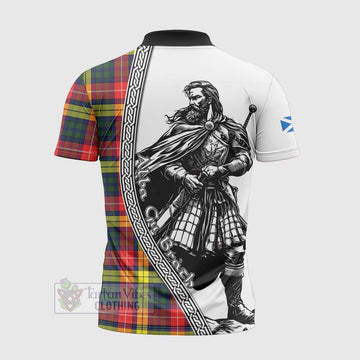 Dewar Tartan Clan Crest Zipper Polo Shirt with Highlander Warrior Celtic Style - Tartan Vibes Clothing