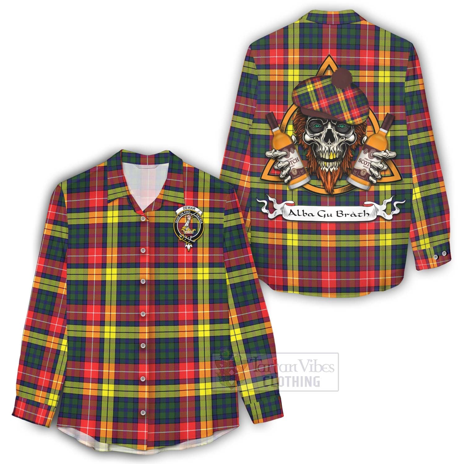 Tartan Vibes Clothing Dewar Tartan Women's Casual Shirt with Family Crest and Bearded Skull Holding Bottles of Whiskey