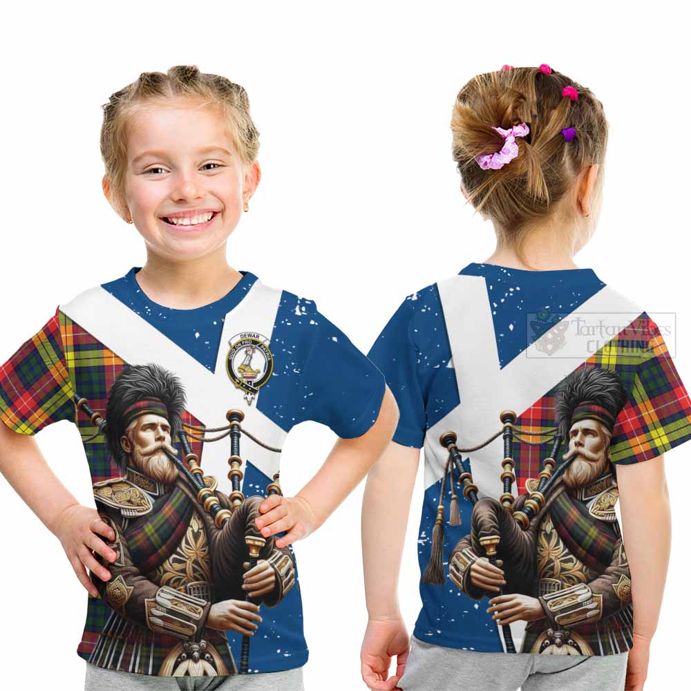 Dewar Tartan Kid T-Shirt with Family Crest Scottish Bagpiper Vibes - Tartan Vibes Clothing