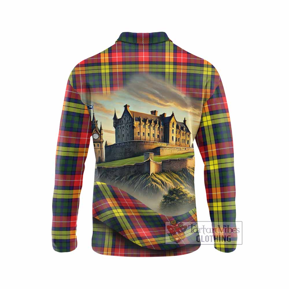 Dewar Tartan Family Crest Long Sleeve Polo Shirt with Scottish Ancient Castle Style - Tartan Vibes Clothing