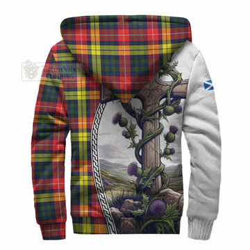 Dewar Tartan Sherpa Hoodie with Family Crest and St. Andrew's Cross Accented by Thistle Vines - Tartan Vibes Clothing