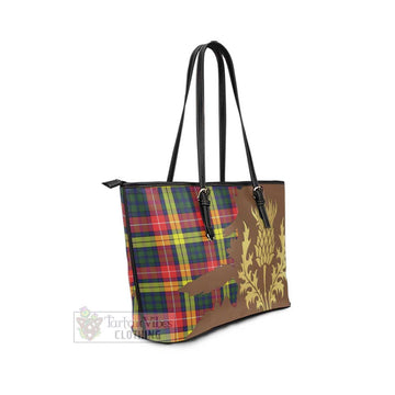 Tartan Vibes Clothing Dewar Tartan Leather Tote Bag Gold Thistle Style
