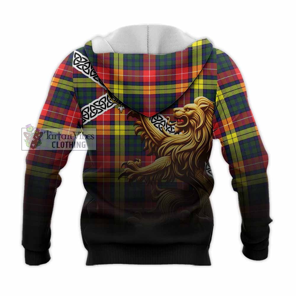 Dewar Crest Tartan Knitted Hoodie with Golden Lion Emblem Celtic Style - Tartan Vibes Clothing