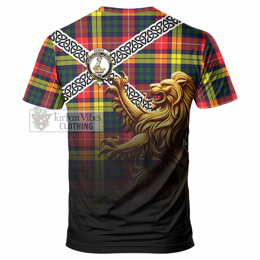 Dewar Crest Tartan T-Shirt with Golden Lion Emblem Celtic Style - Tartan Vibes Clothing