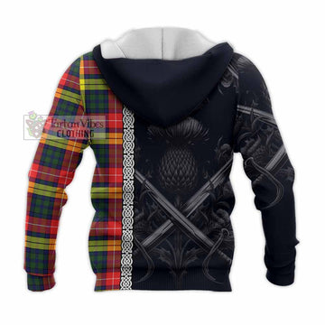 Dewar Tartan Knitted Hoodie with Family Crest Cross Sword Thistle Celtic Vibes - Tartan Vibes Clothing