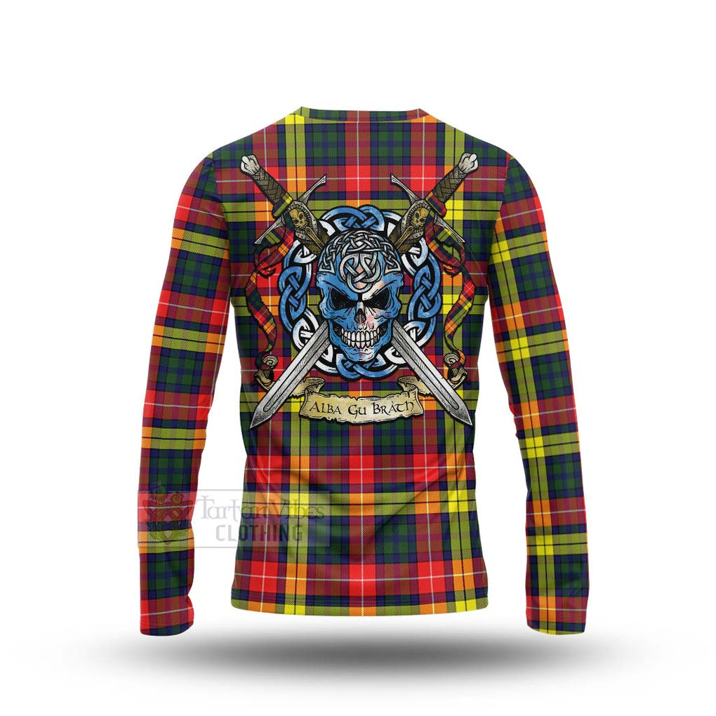 Dewar Tartan Long Sleeve T-Shirt with Family Crest Celtic Skull Style - Tartan Vibes Clothing