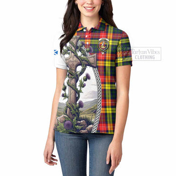 Dewar Tartan Women's Polo Shirt with Family Crest and St. Andrew's Cross Accented by Thistle Vines - Tartan Vibes Clothing