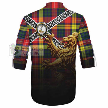 Dewar Crest Tartan Ghillie Kilt Shirt with Golden Lion Emblem Celtic Style - Tartan Vibes Clothing