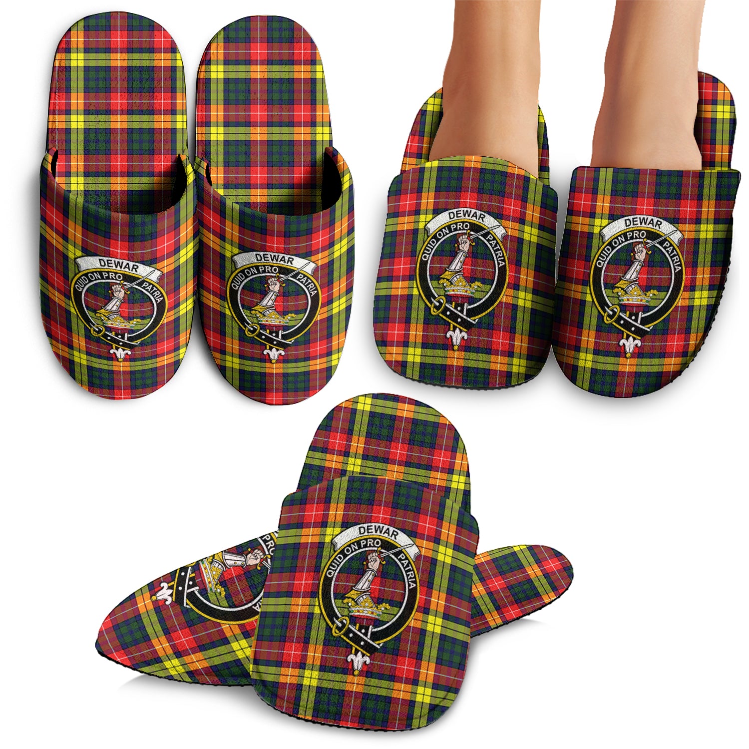 Dewar Tartan Home Slippers with Family Crest - Tartan Vibes Clothing