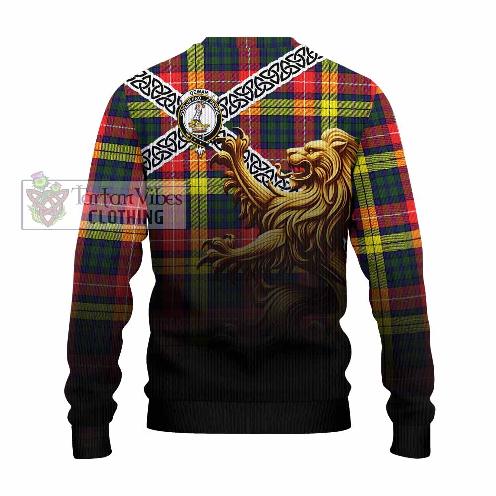 Dewar Crest Tartan Knitted Sweater with Golden Lion Emblem Celtic Style - Tartan Vibes Clothing
