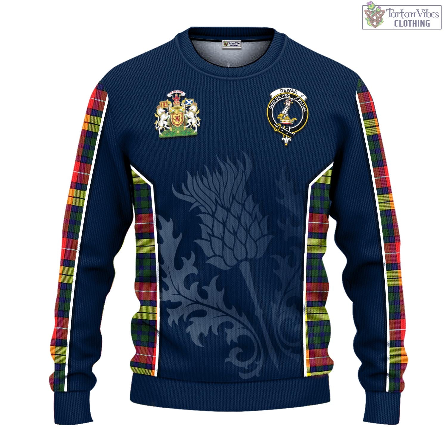 Tartan Vibes Clothing Dewar Tartan Knitted Sweatshirt with Family Crest and Scottish Thistle Vibes Sport Style