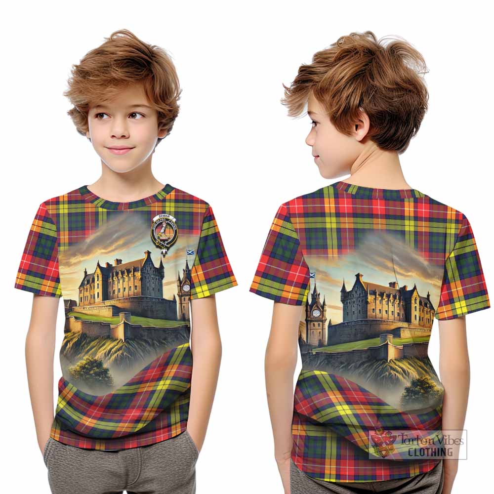 Dewar Tartan Family Crest Kid T-Shirt with Scottish Ancient Castle Style - Tartan Vibes Clothing