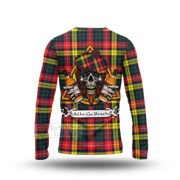Dewar Tartan Long Sleeve T-Shirt with Family Crest and Bearded Skull Holding Bottles of Whiskey - Tartan Vibes Clothing