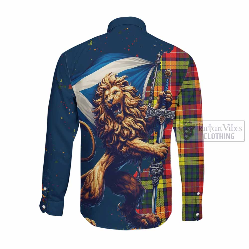 Dewar Tartan Family Crest Long Sleeve Button Shirt with Scottish Majestic Lion Men's Shirt - Tartan Vibes Clothing
