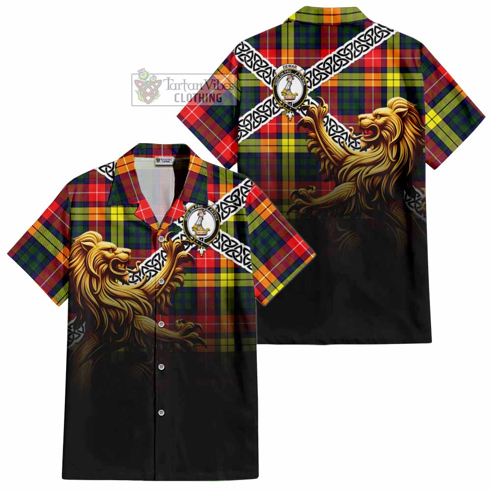 Dewar Crest Tartan Hawaiian Shirt with Golden Lion Emblem Celtic Style - Tartan Vibes Clothing