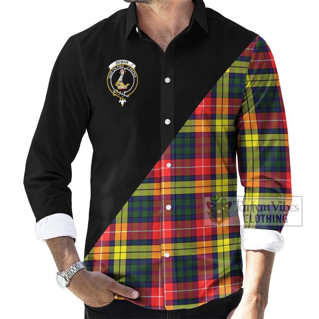 Dewar Tartan Long Sleeve Button Shirt with Family Crest and Military Logo Style - Tartanvibesclothing Shop