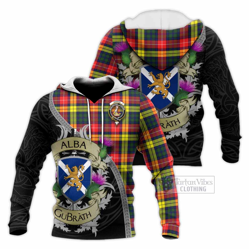 Dewar Tartan Family Crest Knitted Hoodie Lion Rampant Royal Thistle Shield Celtic Inspired - Tartan Vibes Clothing
