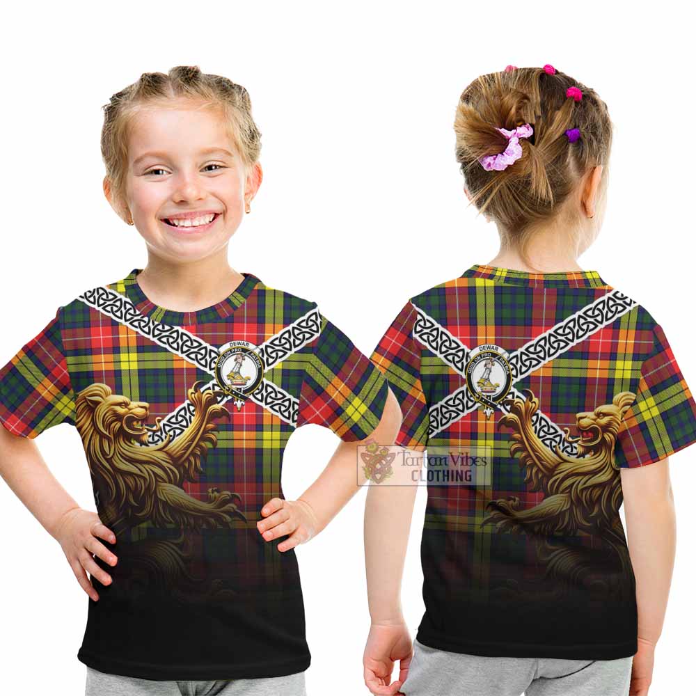Dewar Crest Tartan Kid T-Shirt with Golden Lion Emblem Celtic Style - Tartan Vibes Clothing