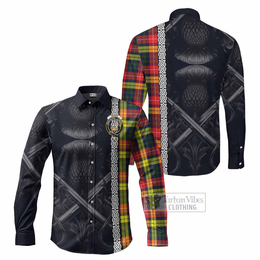 Tartan Vibes Clothing Dewar Tartan Long Sleeve Button Shirt with Family Crest Cross Sword Thistle Celtic Vibes