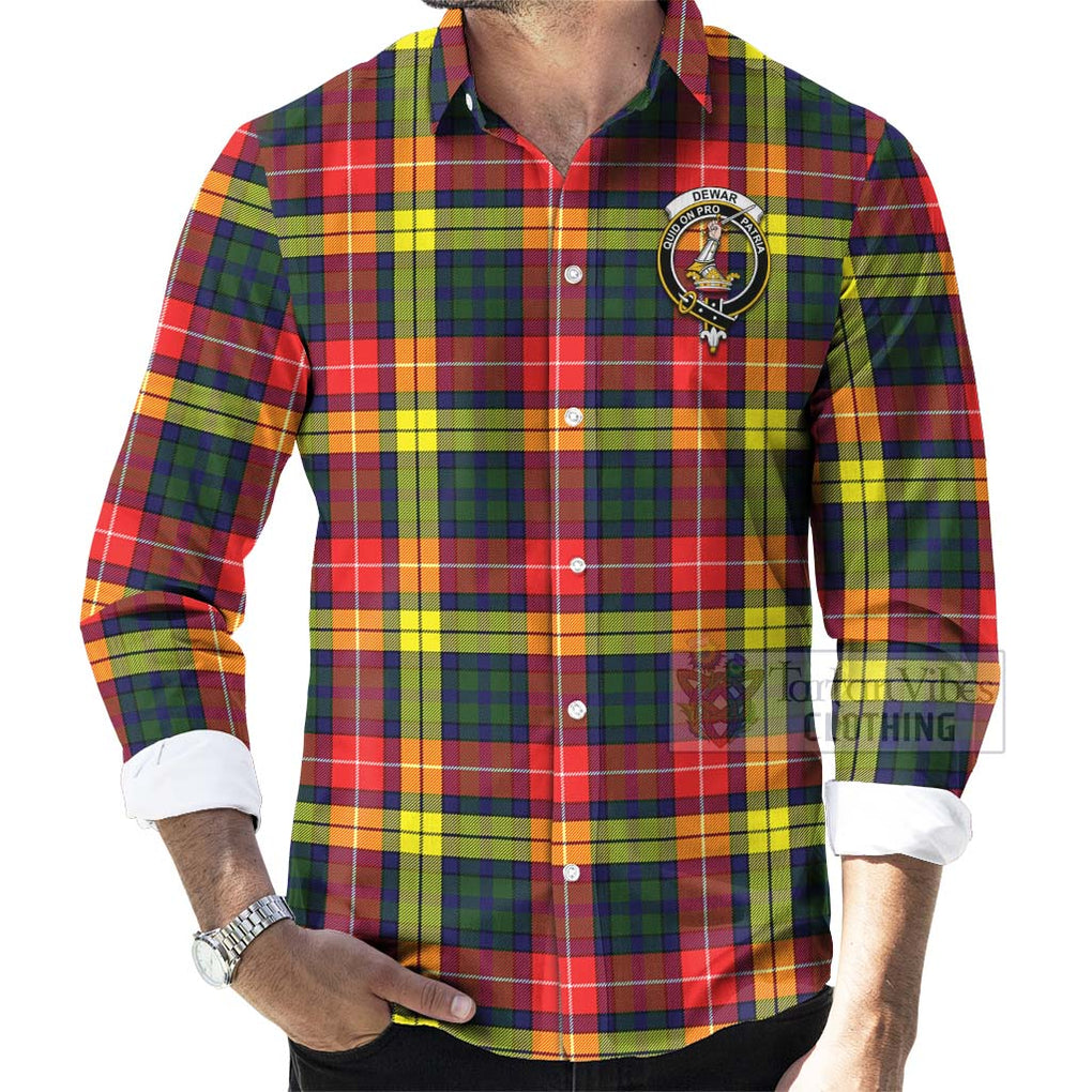 Dewar Tartan Long Sleeve Button Shirt with Family Crest Celtic Skull Style - Tartan Vibes Clothing