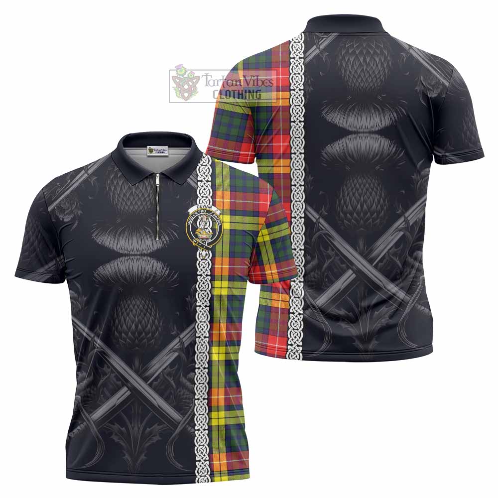 Dewar Tartan Zipper Polo Shirt with Family Crest Cross Sword Thistle Celtic Vibes - Tartan Vibes Clothing