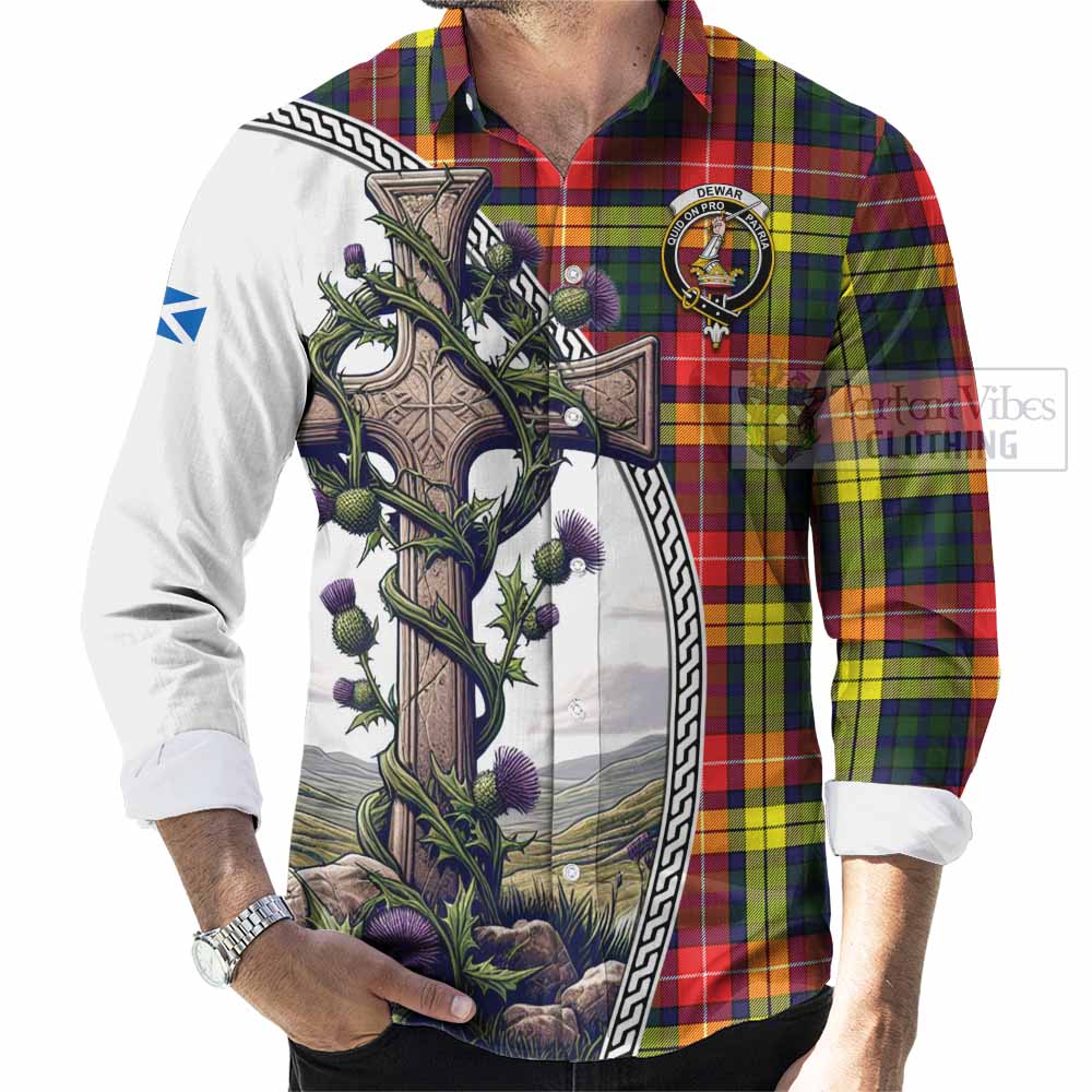 Dewar Tartan Long Sleeve Button Shirt with Family Crest and St. Andrew's Cross Accented by Thistle Vines - Tartan Vibes Clothing