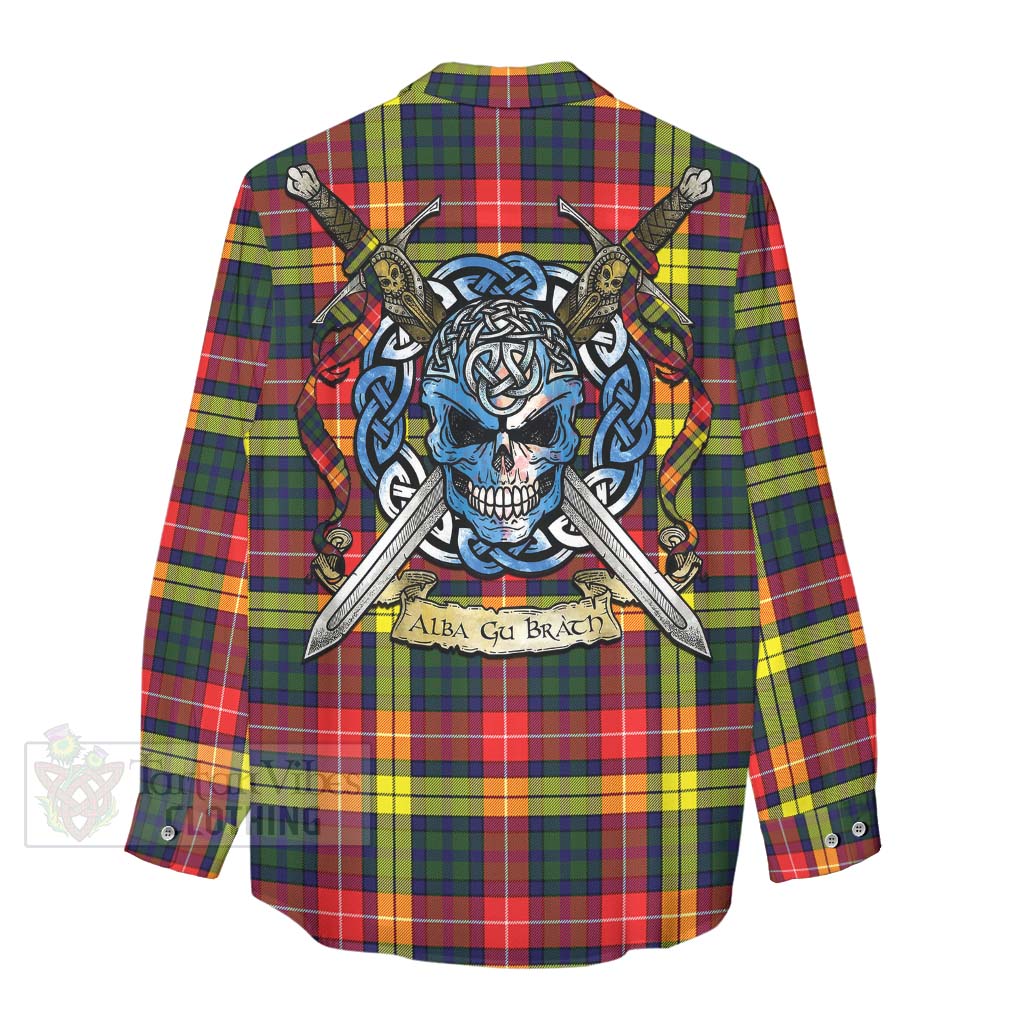Dewar Tartan Women's Casual Shirt with Family Crest Celtic Skull Style - Tartan Vibes Clothing
