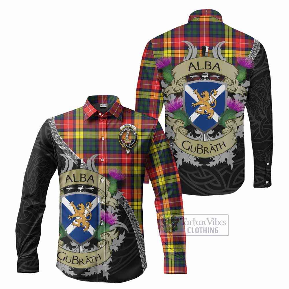 Dewar Tartan Family Crest Long Sleeve Button Shirt Lion Rampant Royal Thistle Shield Celtic Inspired - Tartan Vibes Clothing