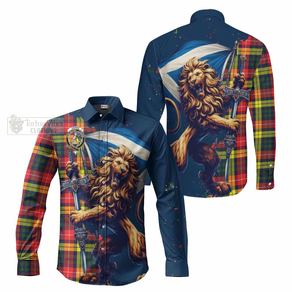 Dewar Tartan Family Crest Long Sleeve Button Shirt with Scottish Majestic Lion - Tartan Vibes Clothing