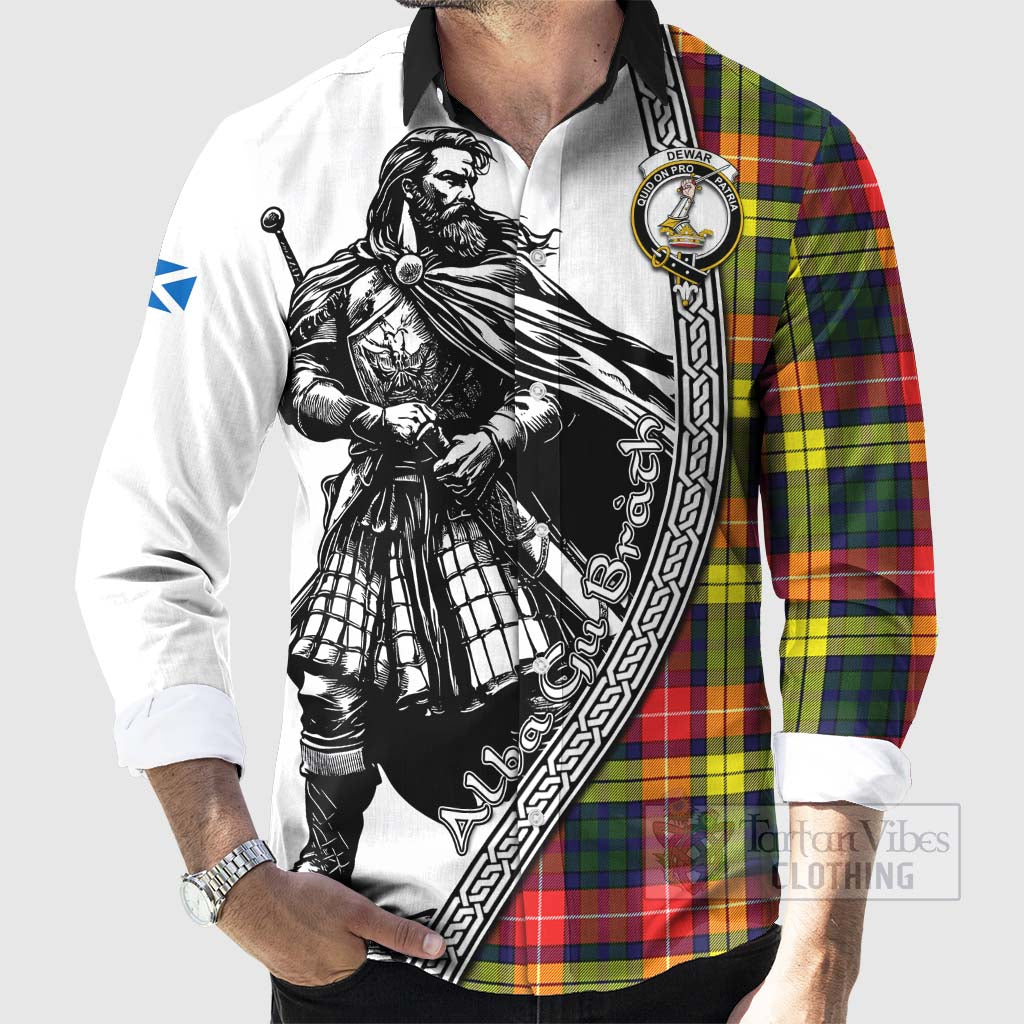 Dewar Tartan Clan Crest Long Sleeve Button Shirt with Highlander Warrior Celtic Style - Tartan Vibes Clothing