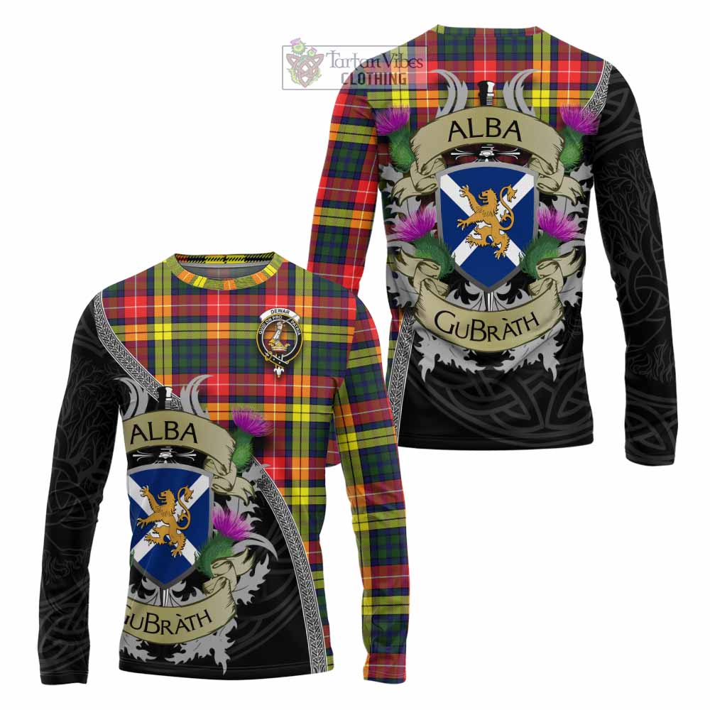 Dewar Tartan Family Crest Long Sleeve T-Shirt Lion Rampant Royal Thistle Shield Celtic Inspired - Tartan Vibes Clothing