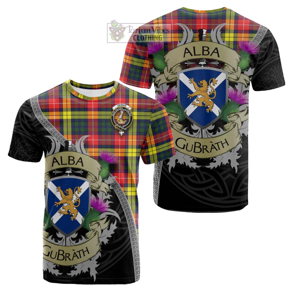 Dewar Tartan Family Crest Cotton T-shirt Lion Rampant Royal Thistle Shield Celtic Inspired - Tartan Vibes Clothing
