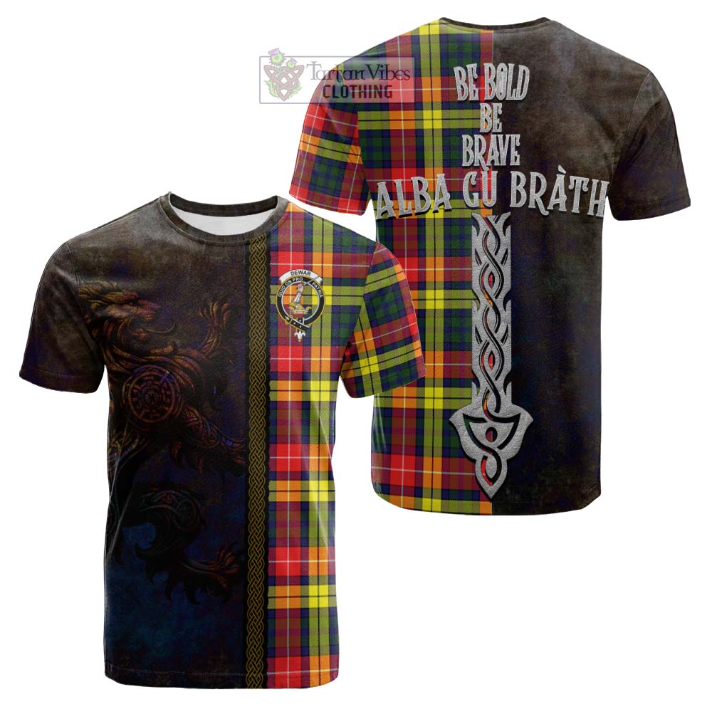 Dewar Tartan Family Crest Cotton T-shirt Alba Gu Brath Be Brave Lion Ancient Style - Tartan Vibes Clothing