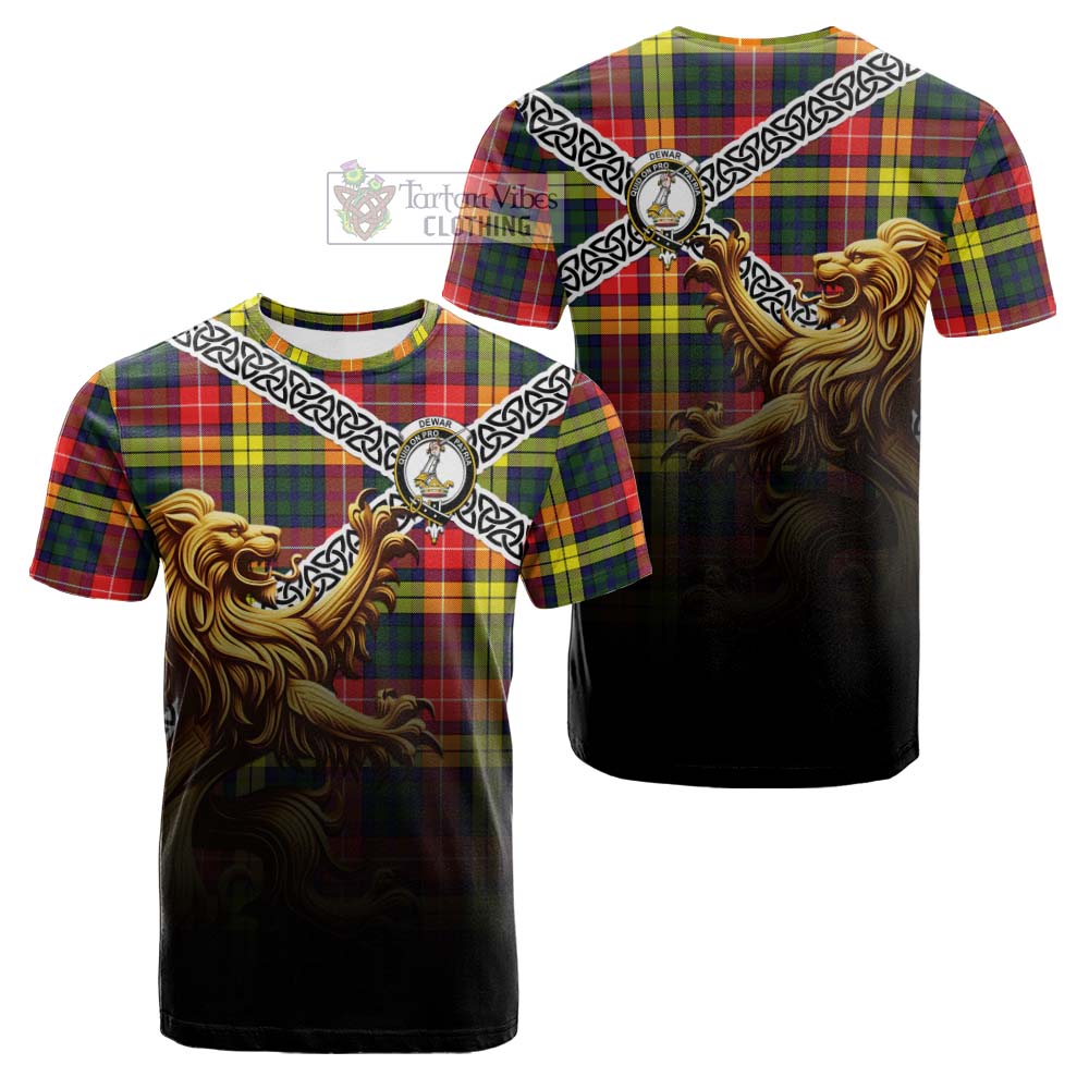 Tartan Vibes Clothing Dewar Crest Tartan Cotton T-shirt with Golden Lion Emblem Celtic Style