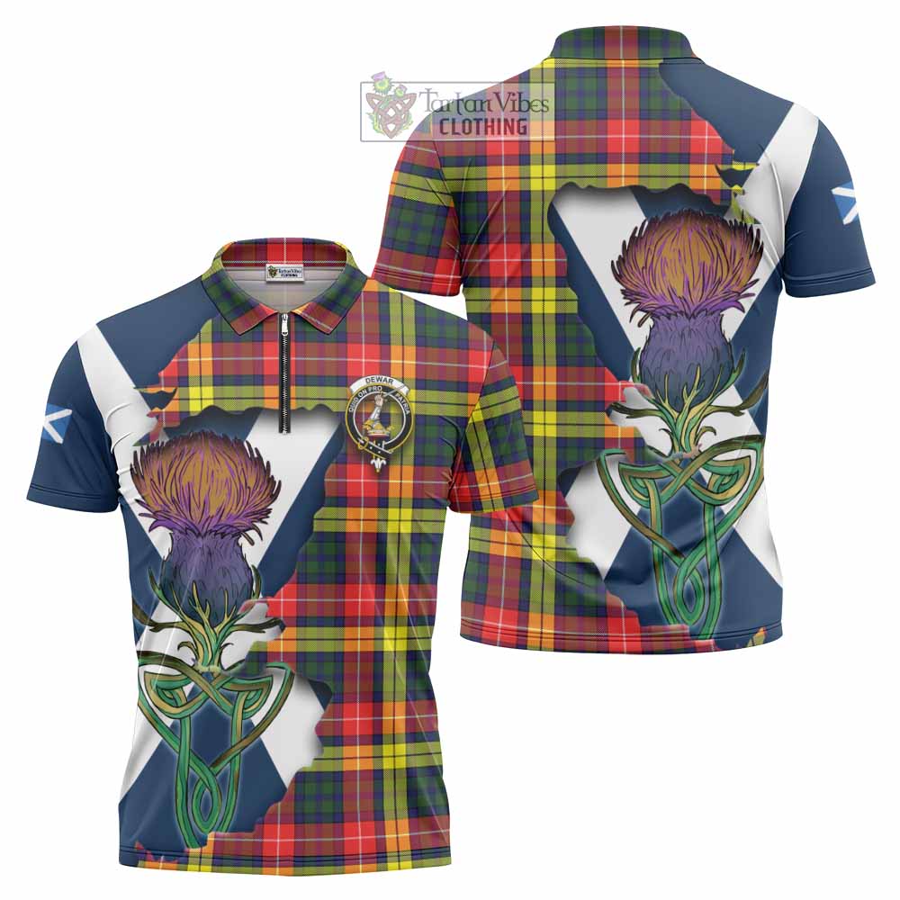 Dewar Tartan Family Crest Zipper Polo Shirt Scottish Thistle Celtic Inspired - Tartan Vibes Clothing