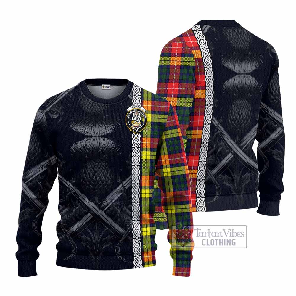 Dewar Tartan Knitted Sweater with Family Crest Cross Sword Thistle Celtic Vibes - Tartan Vibes Clothing
