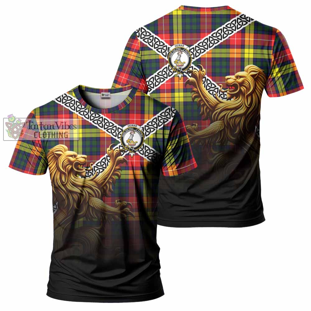 Dewar Crest Tartan T-Shirt with Golden Lion Emblem Celtic Style - Tartan Vibes Clothing