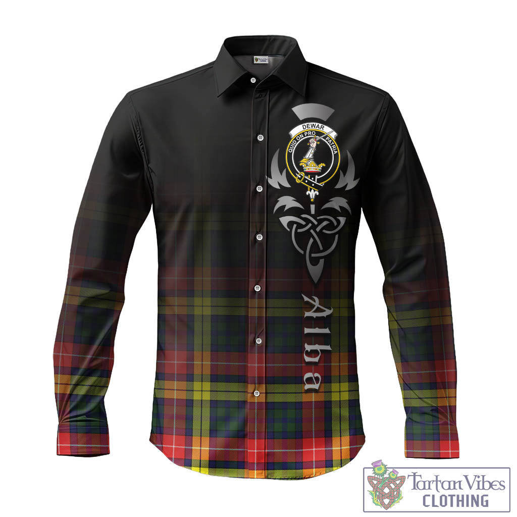 Dewar Tartan Long Sleeve Button Up Featuring Alba Gu Brath Family Crest Celtic Inspired - Tartan Vibes Clothing