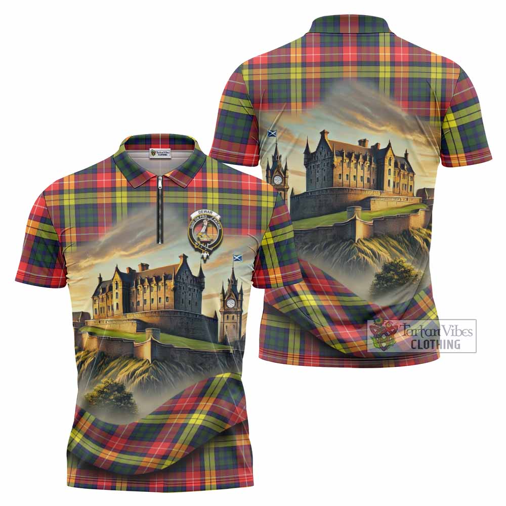 Dewar Tartan Family Crest Zipper Polo Shirt with Scottish Ancient Castle Style - Tartan Vibes Clothing