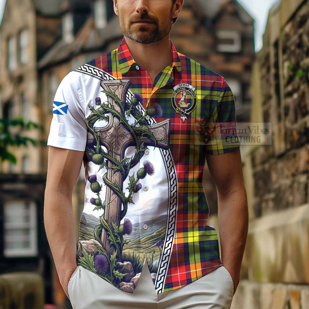Dewar Tartan Hawaiian Shirt with Family Crest and St. Andrew's Cross Accented by Thistle Vines - Tartan Vibes Clothing