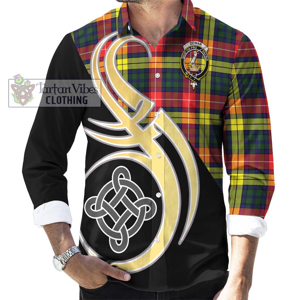 Dewar Tartan Long Sleeve Button Shirt with Family Crest and Celtic Symbol Style - Tartan Vibes Clothing