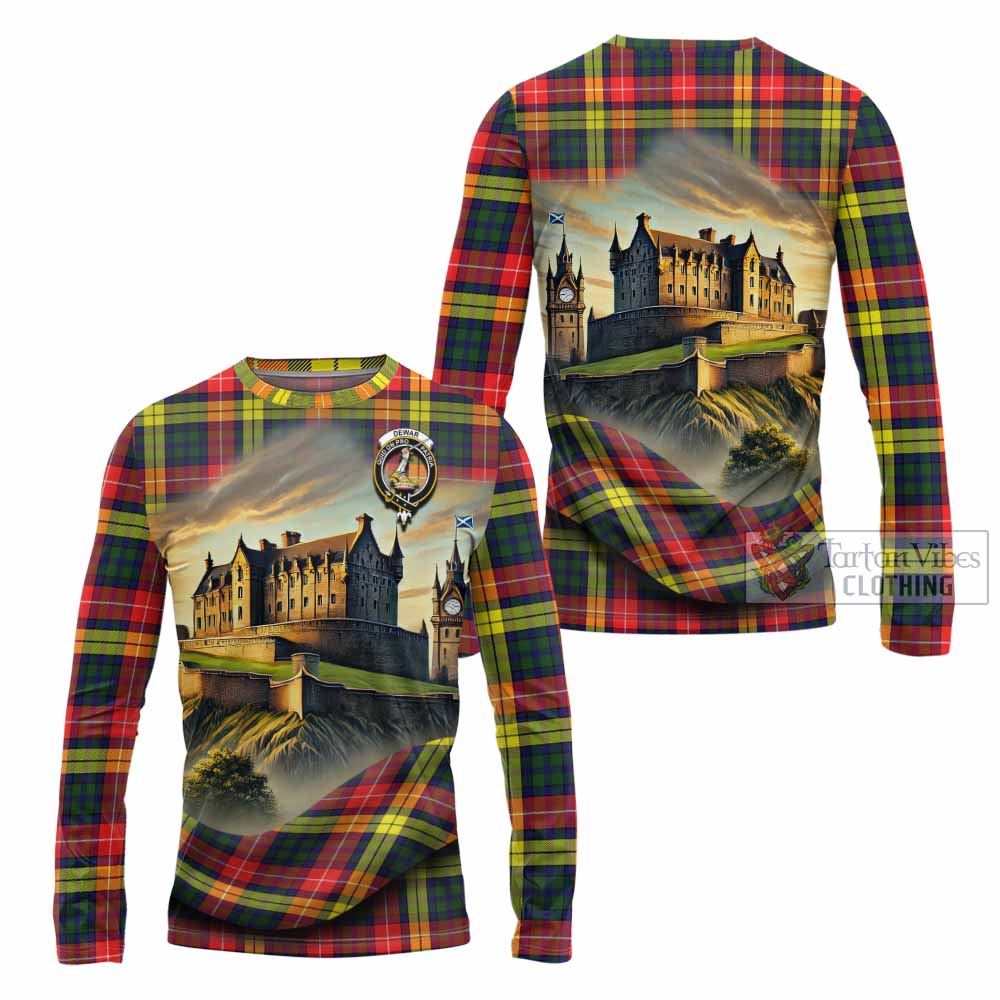 Dewar Tartan Family Crest Long Sleeve T-Shirt with Scottish Ancient Castle Style - Tartan Vibes Clothing